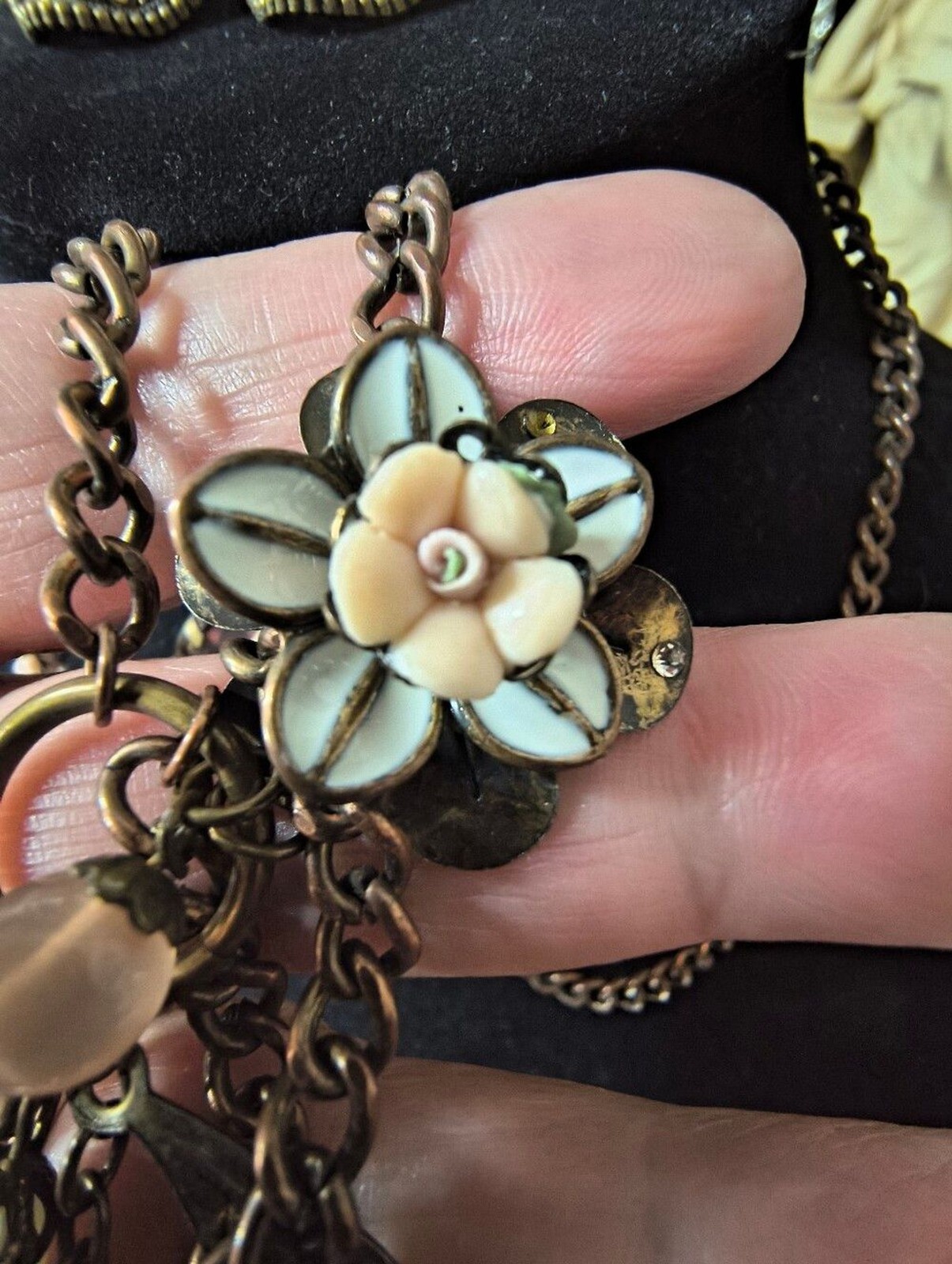Vintage Romantic Cottagecore Charm Necklace Antique Copper Pink Glass Flower