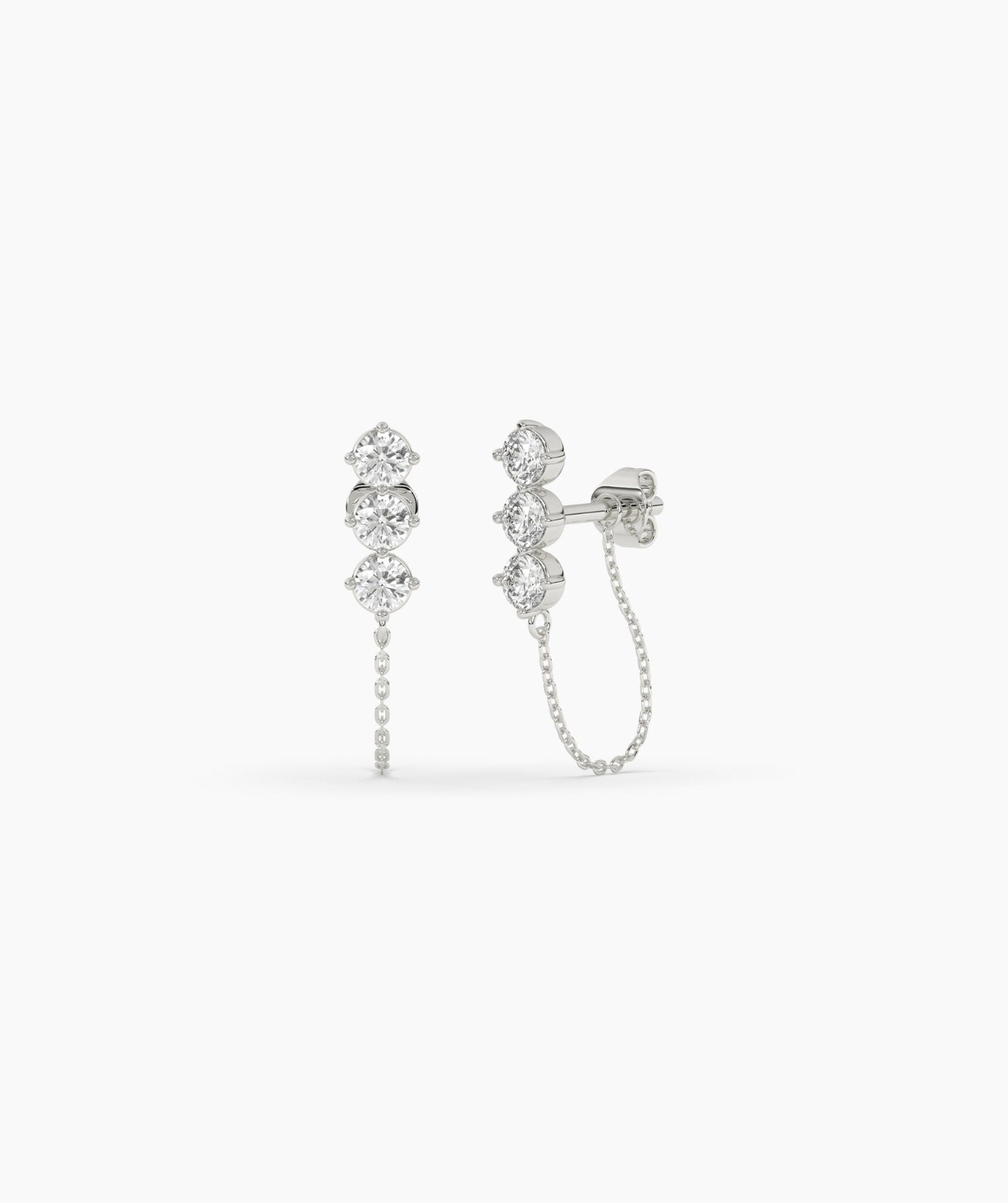 14K Gold Round Lab Grown Diamond Three Stone Climber with Chain Loop Earrings