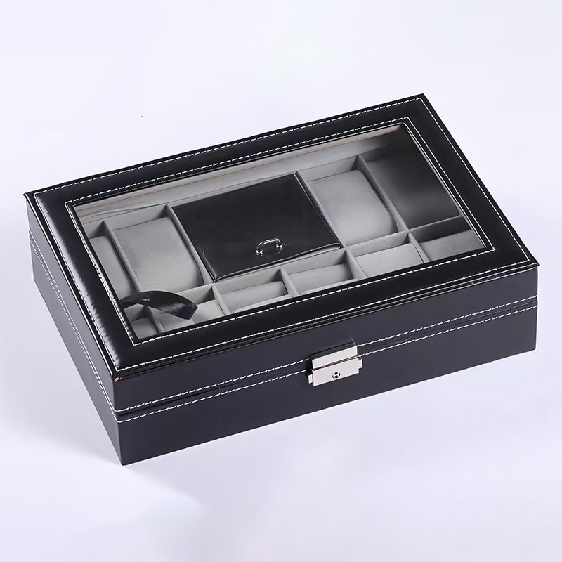 Mens Watch Box Display Case Storage Organiser PU Leather Holder Glass Top Gift