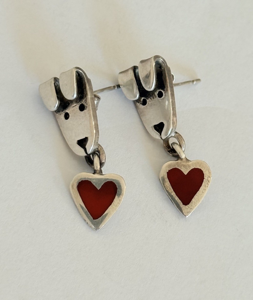 Vintage Anne Jane Harvey Mexico Sterling Silver Dog Puppy Heart Dangle Earrings