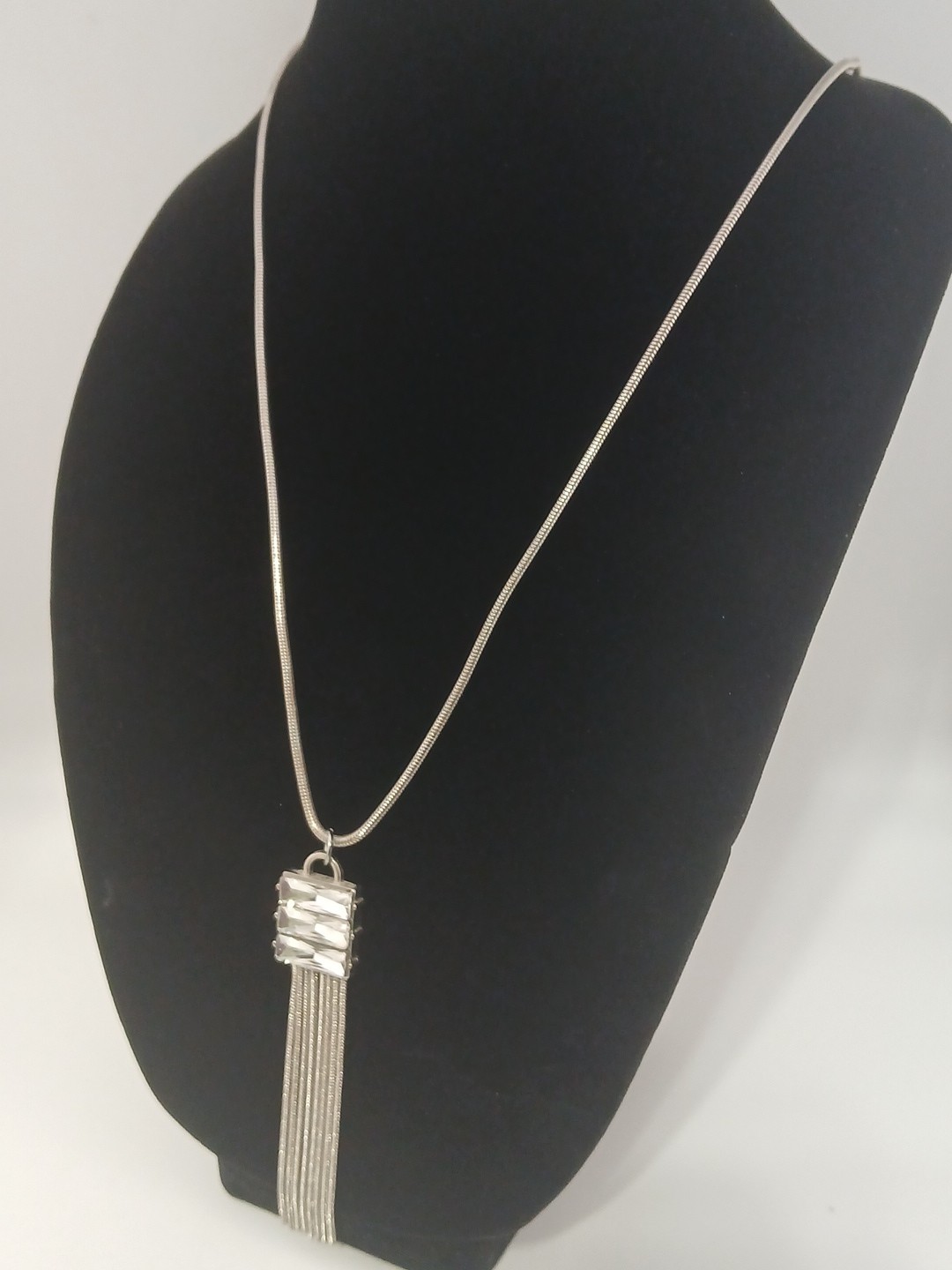 WHBM silvertone snake chain clear baguettes chain tassels pendant necklace