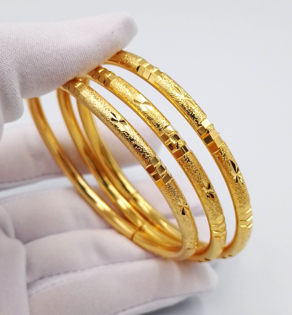 Set 3 Bangle Bracelets 23K 24K Thai Baht Gold GP Filled Women Girls Gift 5.7 cm