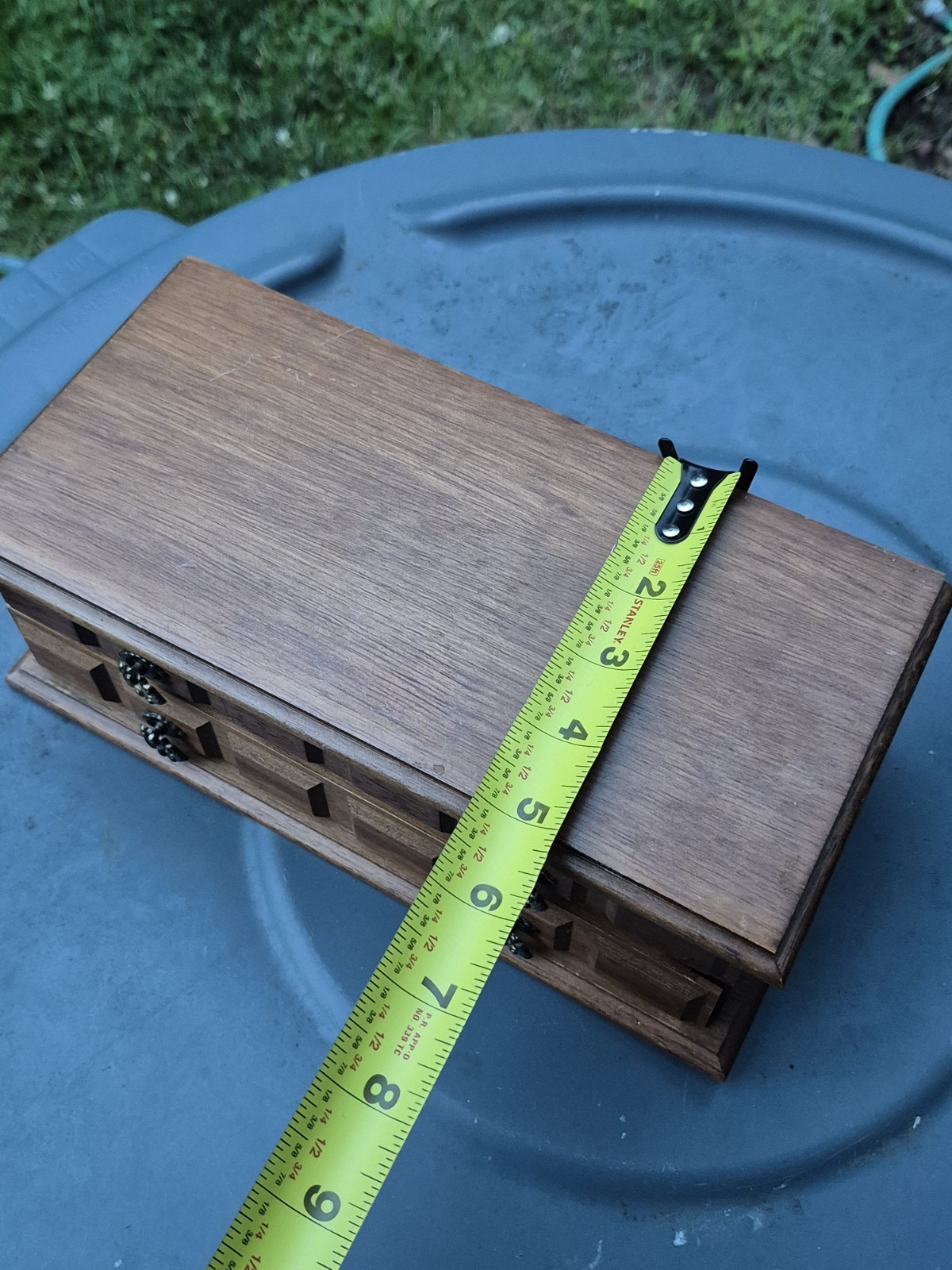 Vintage Wood Jewelry Box Mirror Mustard Yellow Corduroy Lining 2 Tier Organizer