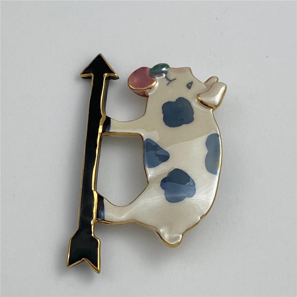 Vintage Ceramic Enamel Pig on Weather Van Brooch Pin