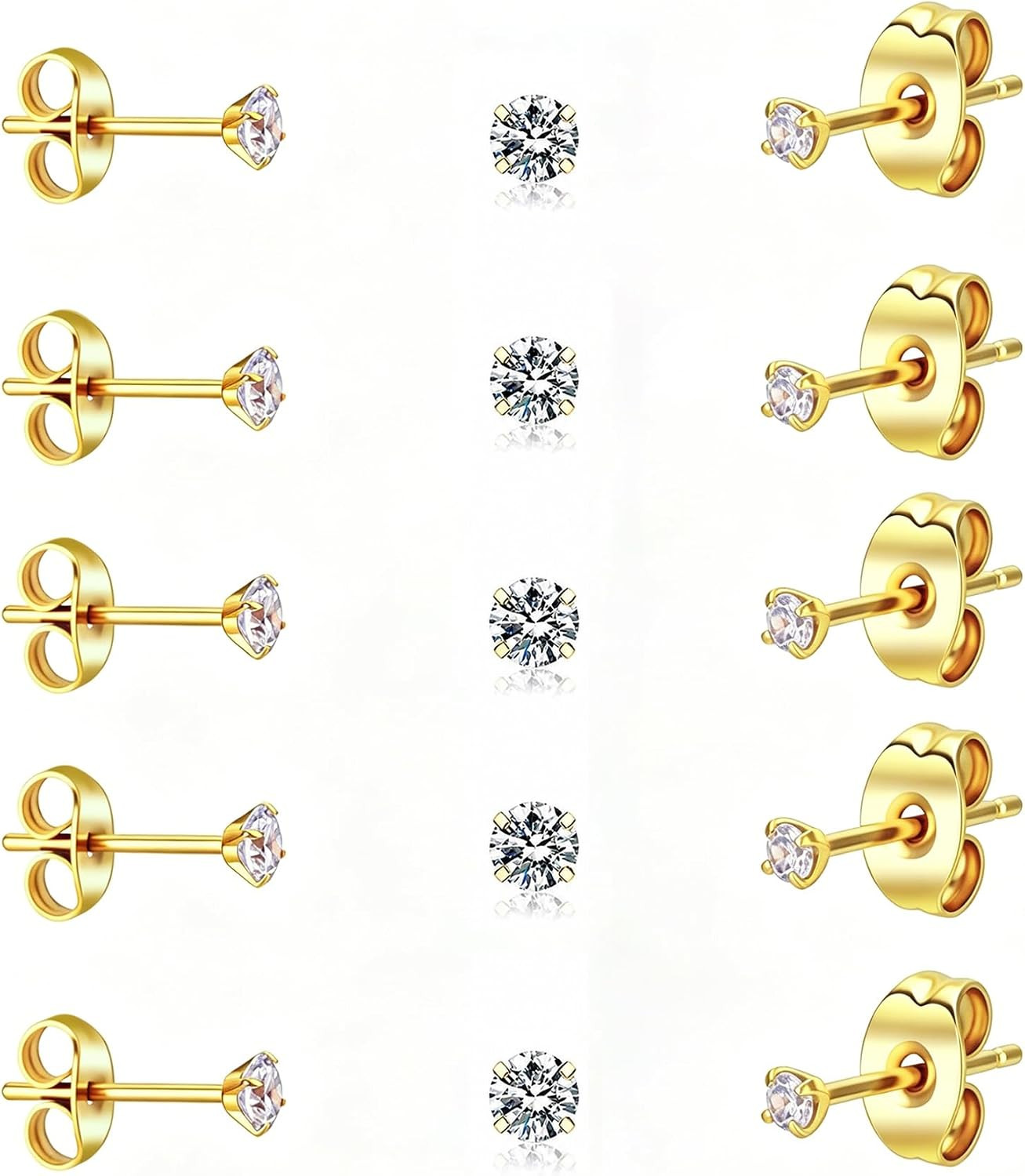 5/10 Pairs Small Gold Silver Stud Earrings for Women Men, 2Mm CZ Hypoallergenic