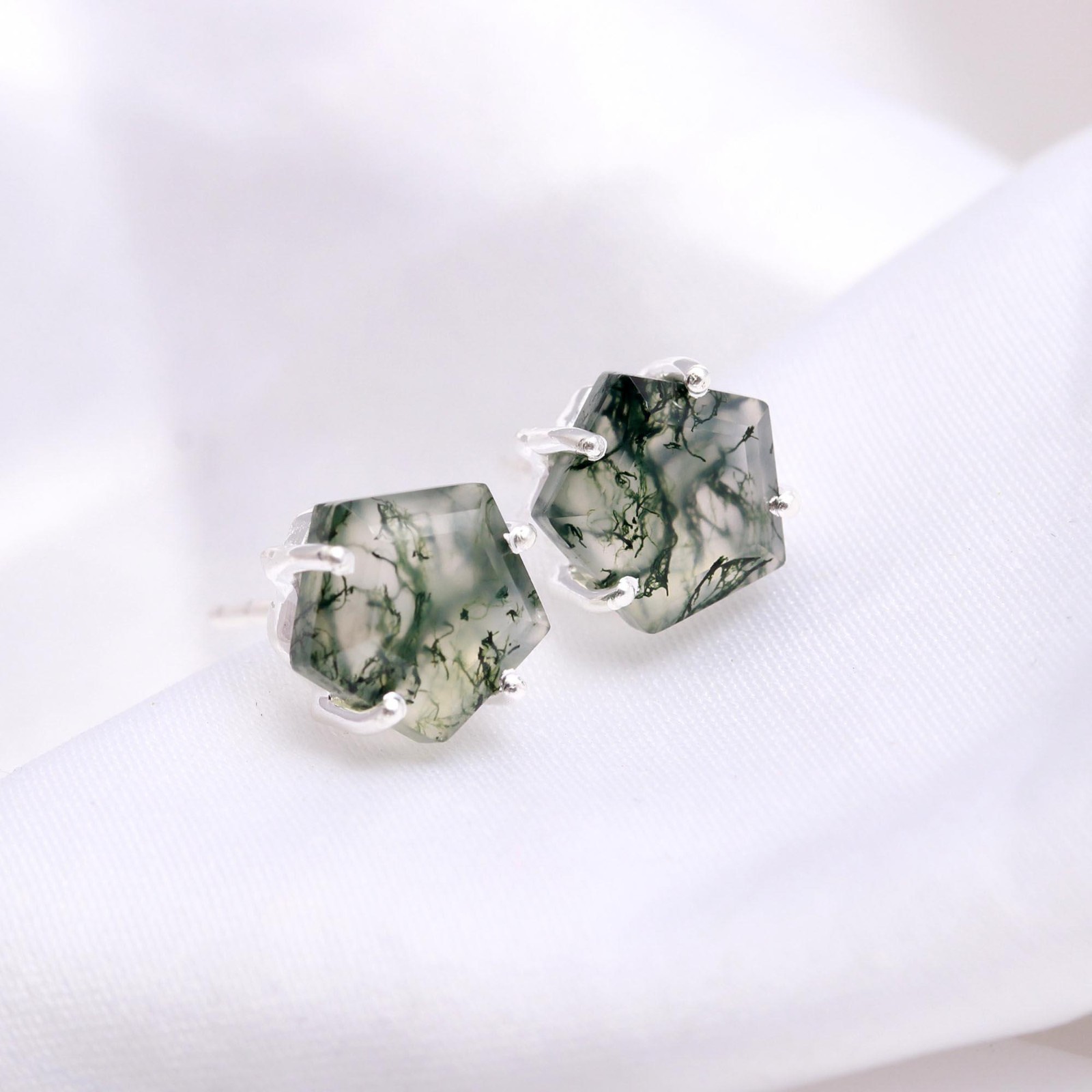 Natural Moss Agate Pentagon Stud Earrings 925 Sterling Silver Minimalist Jewelry