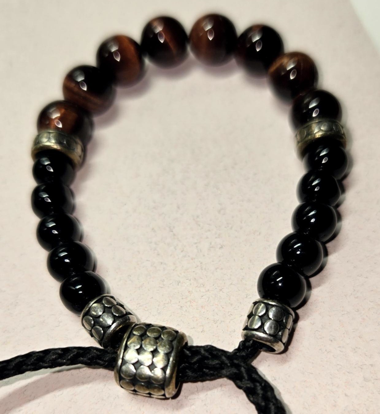 Men 925 Sterling Silver Red Tiger Eye Black Onyx Beaded Adjustable Cord Bracelet