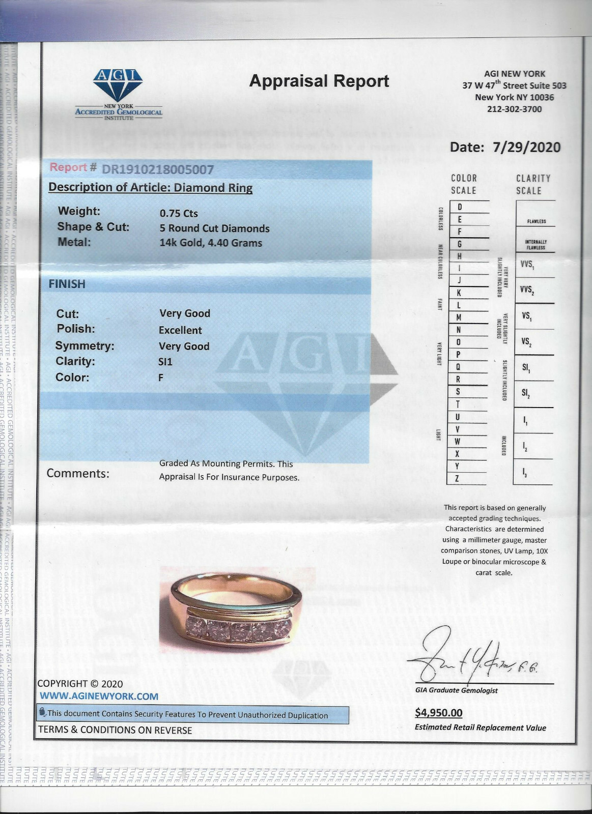 14K Gold Diamond Wedding Band Diamond=1/2 Carat H-SI1 Value=$4,950