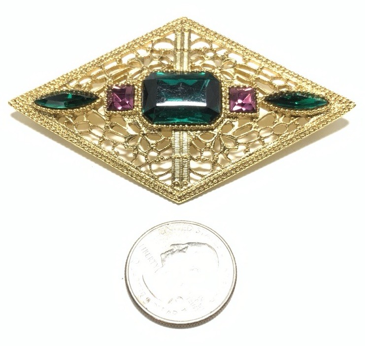 Gold Tone Green & Purple Rhinestone Pin LY119