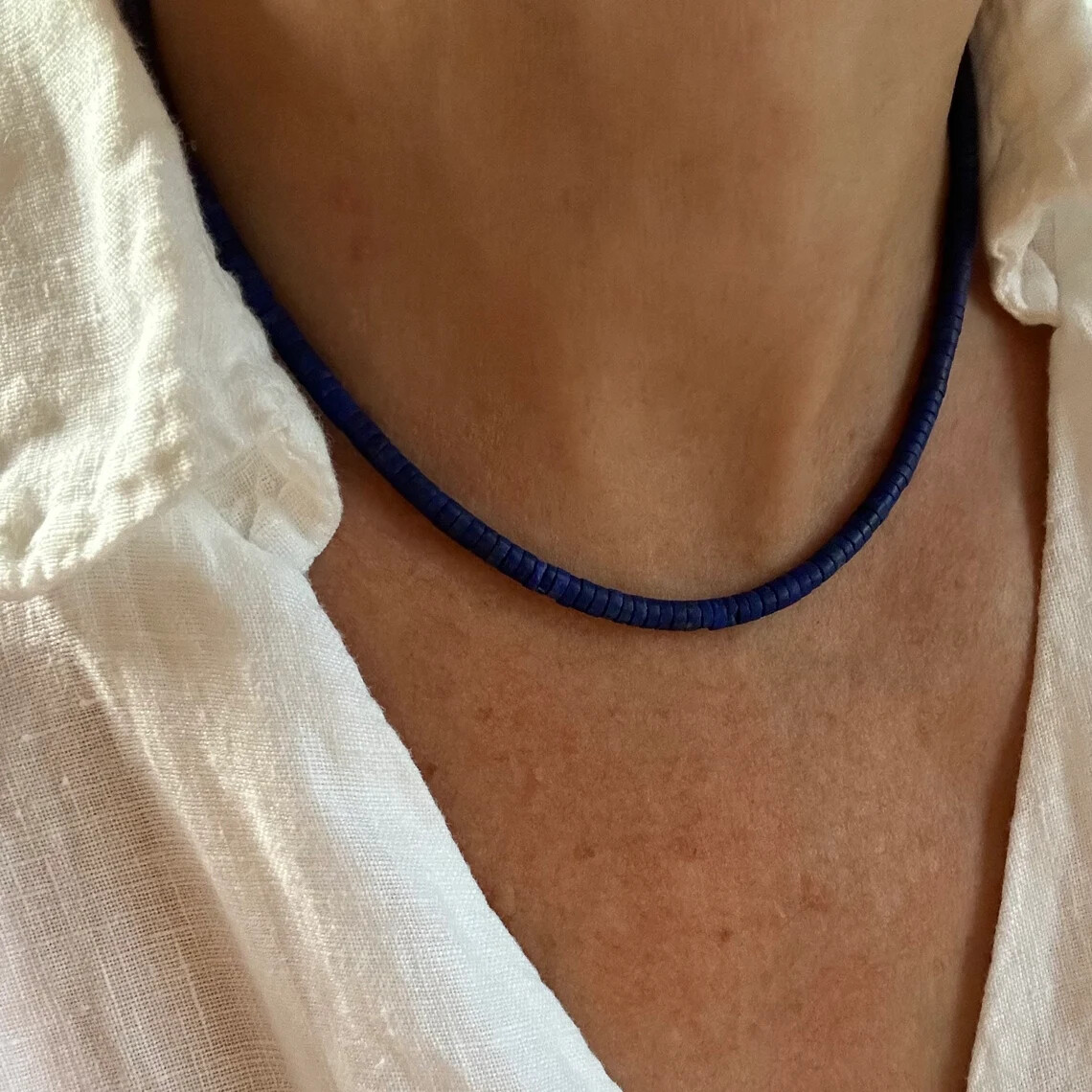 Blue Lapis Heishi Necklace, 4mm Thin Royal Blue Beaded Gemstone Layering Choker