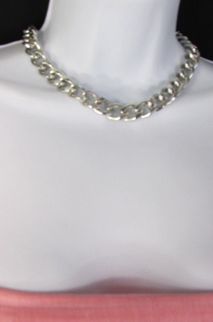 New Women Silver Fashion Necklace Earring Set Metal Thick Chain Short Links