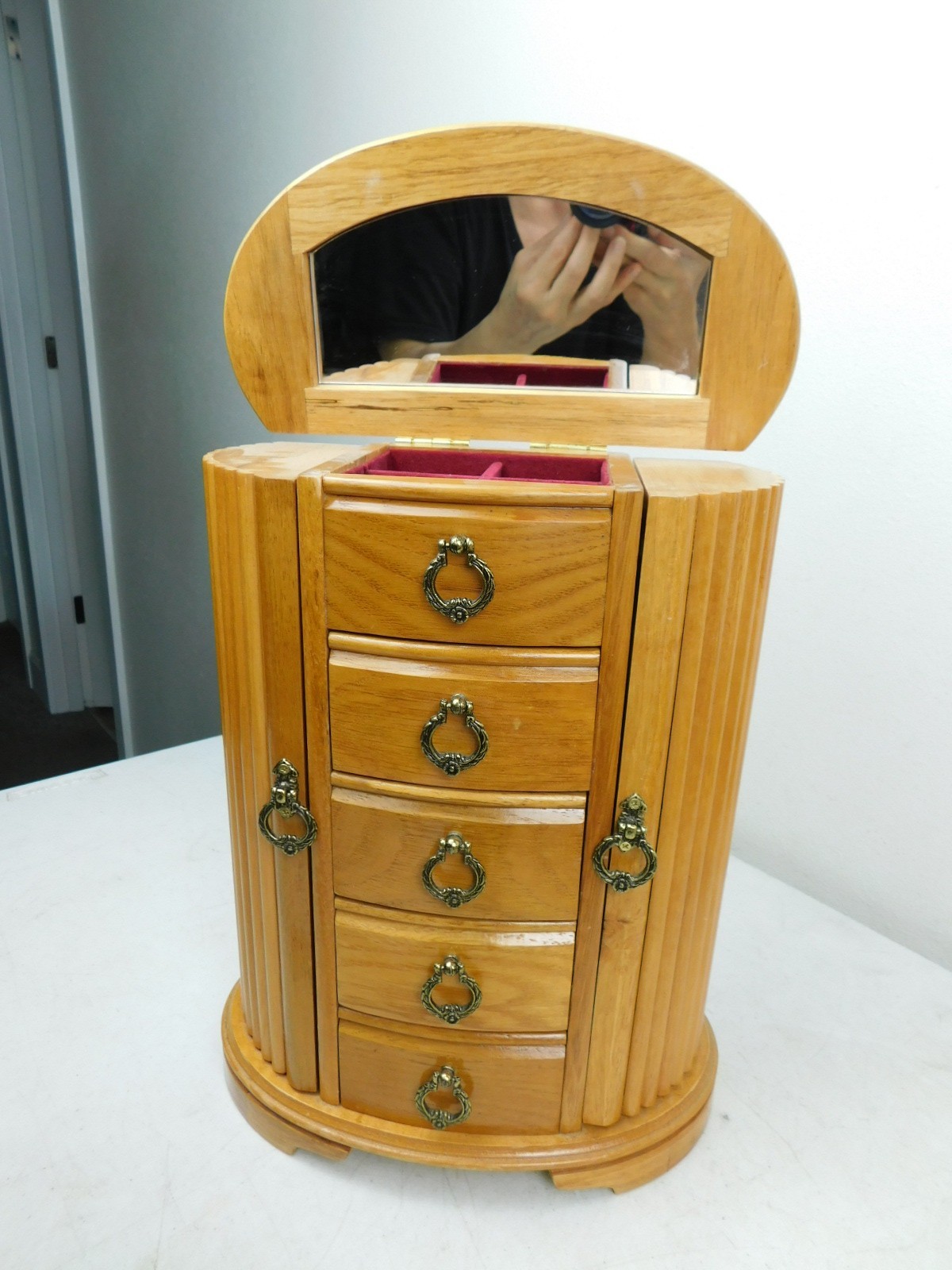 MELE Table Top Jewelry Box Armoire Swing Doors Chest Cabinet Wooden w Mirror