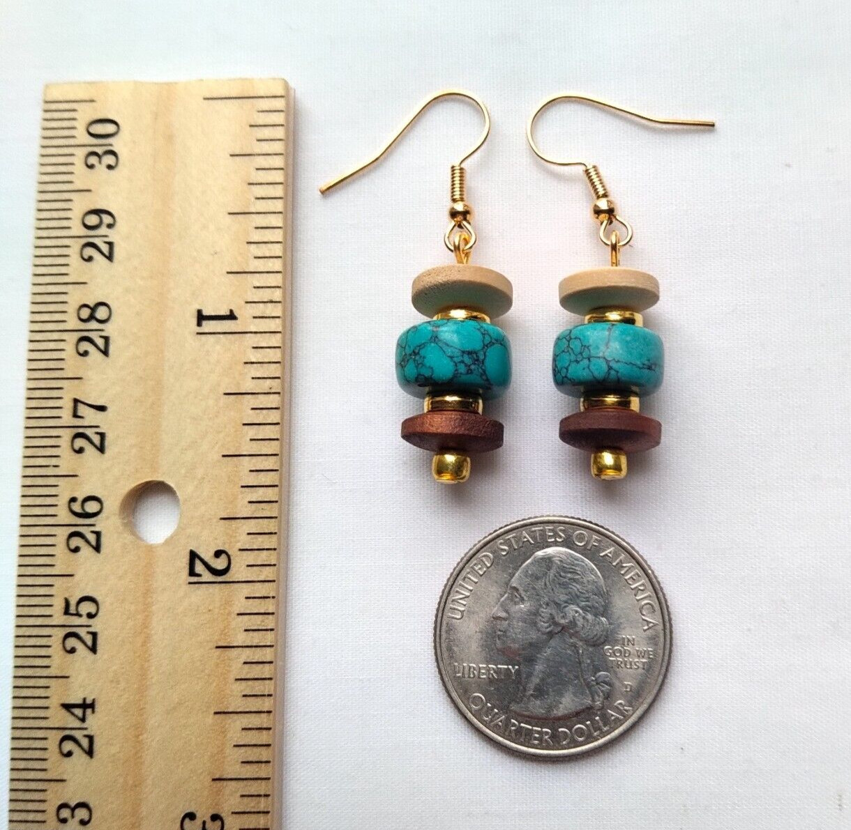 Earth Tone Wood Turquoise Howlite Beaded Dangle Earrings Handmade Gold Tone Boho