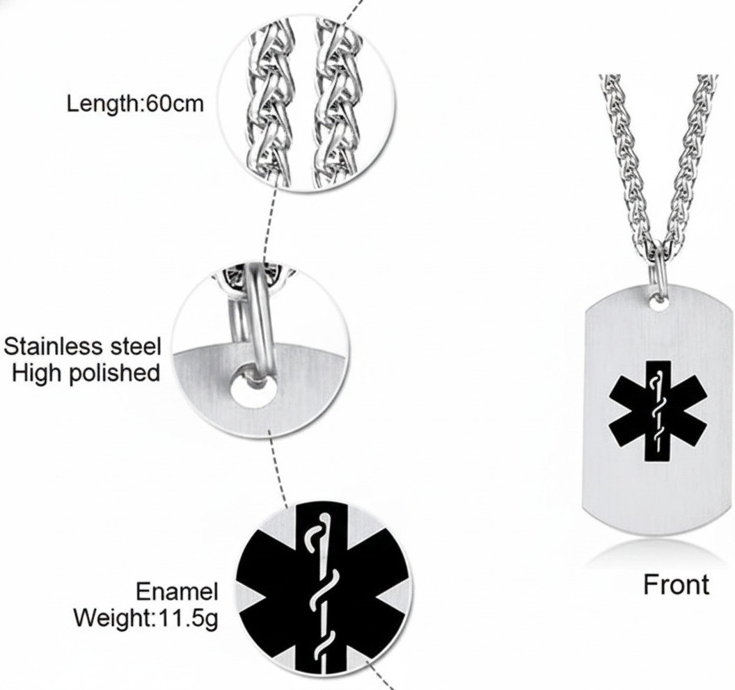 Stainless Steel Medical Alert ID Pendant Necklace Dog Tag Personalized Engraving