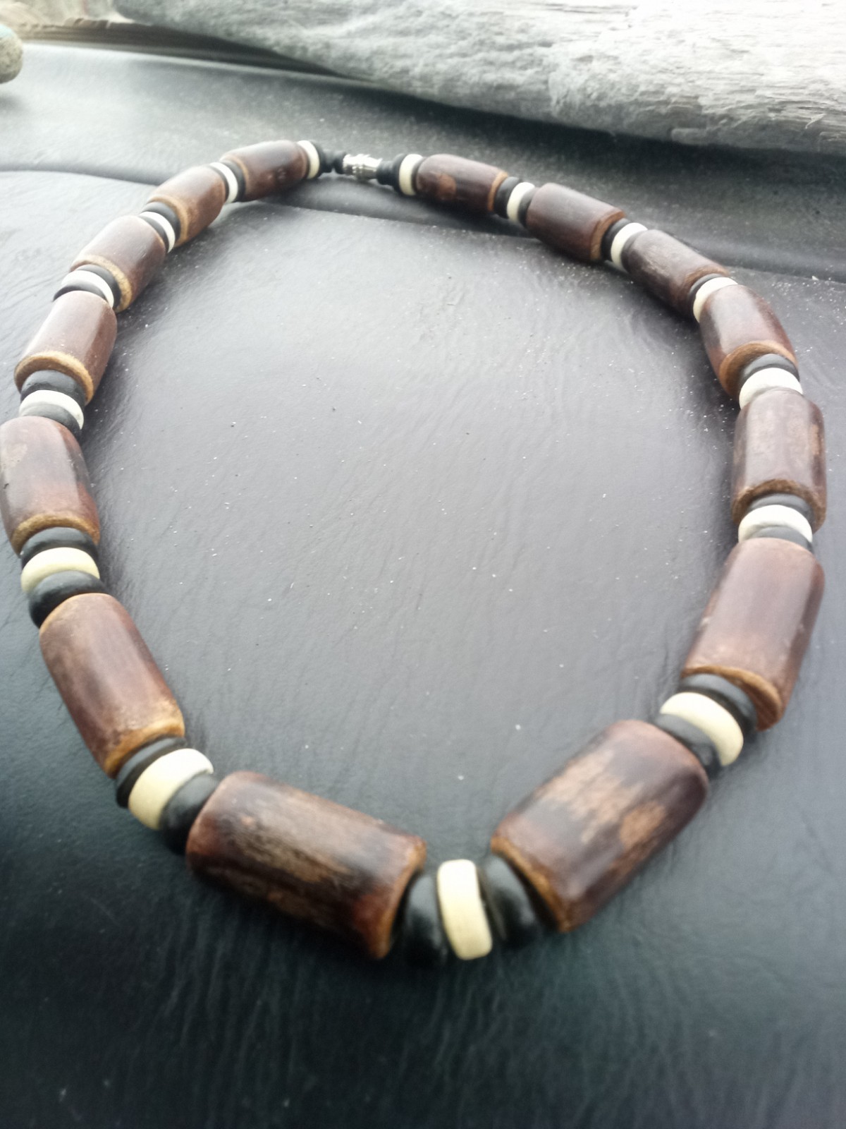 Beaded wood and bone necklace, brown black white, barrel clasp