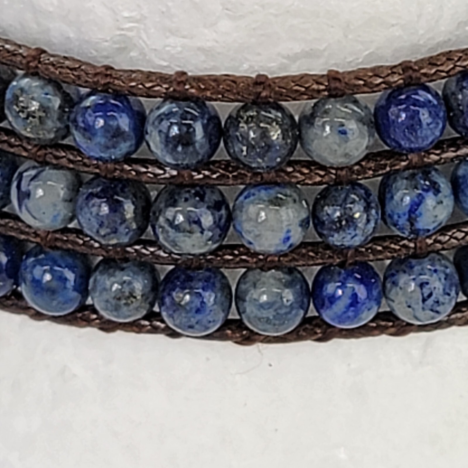 Lapis Lazuli Beaded Wrap Bracelet 6.5″ Brown Leather Cord Toggle Clasp Boho