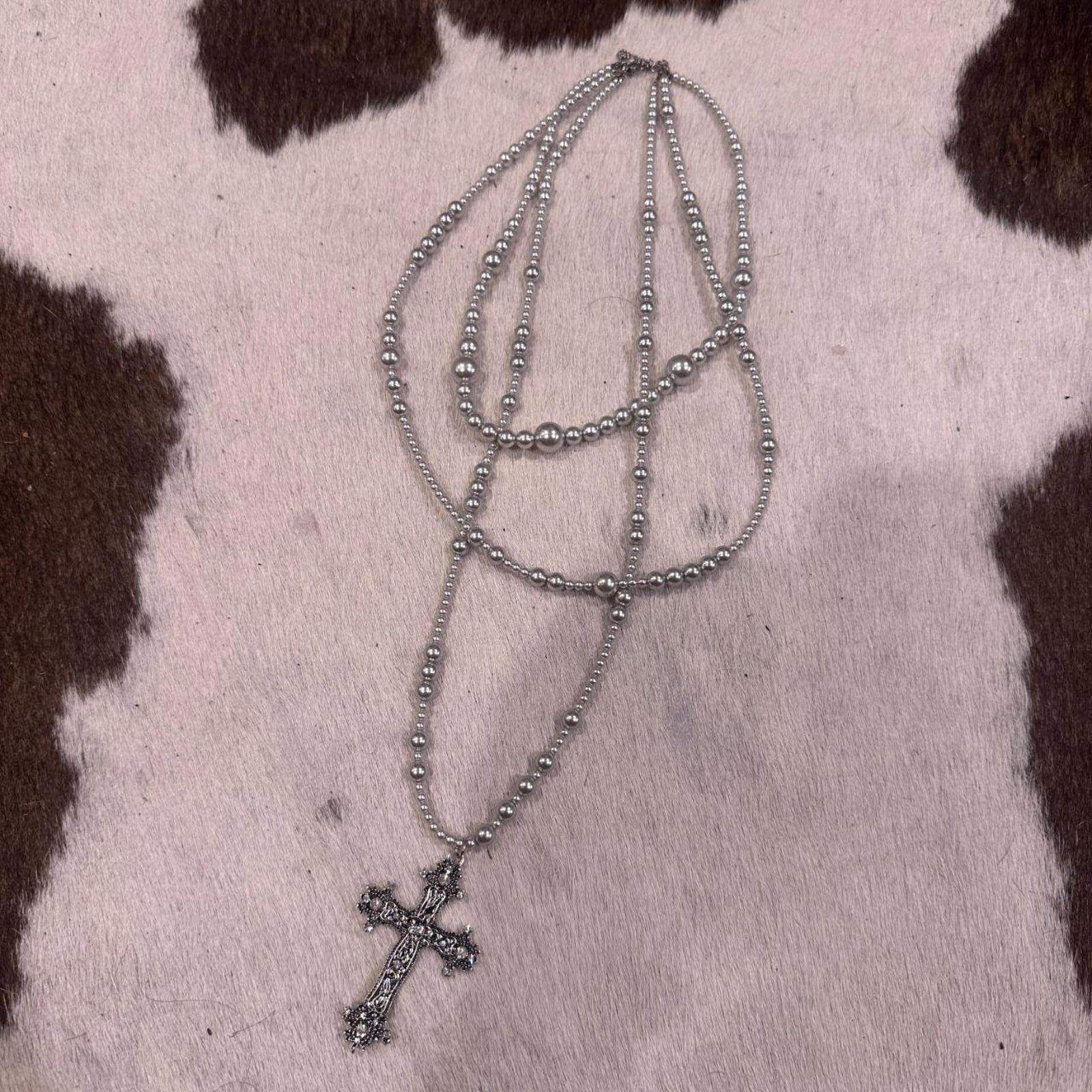 Silver Layered Ball Chain Cross Pendant Necklace Y2K Gothic Rosary Grunge
