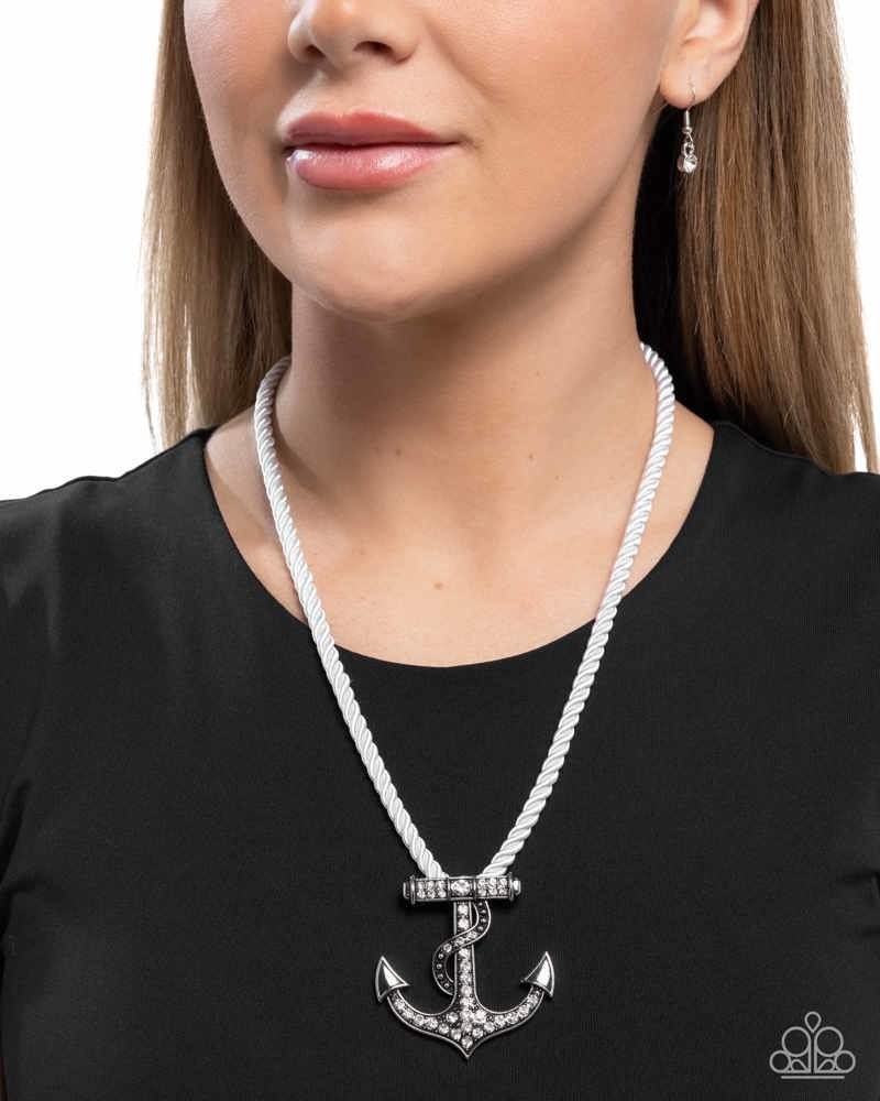 Paparazzi Anchored Allure – White- Anchor , White Rhinestones -Cord Necklace
