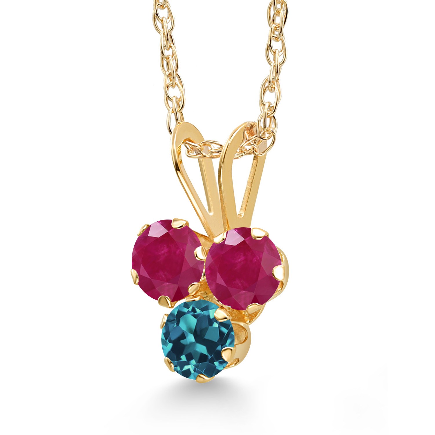 14K Yellow Gold Ruby and London Blue Topaz 3-Stone Pendant Necklace For Women