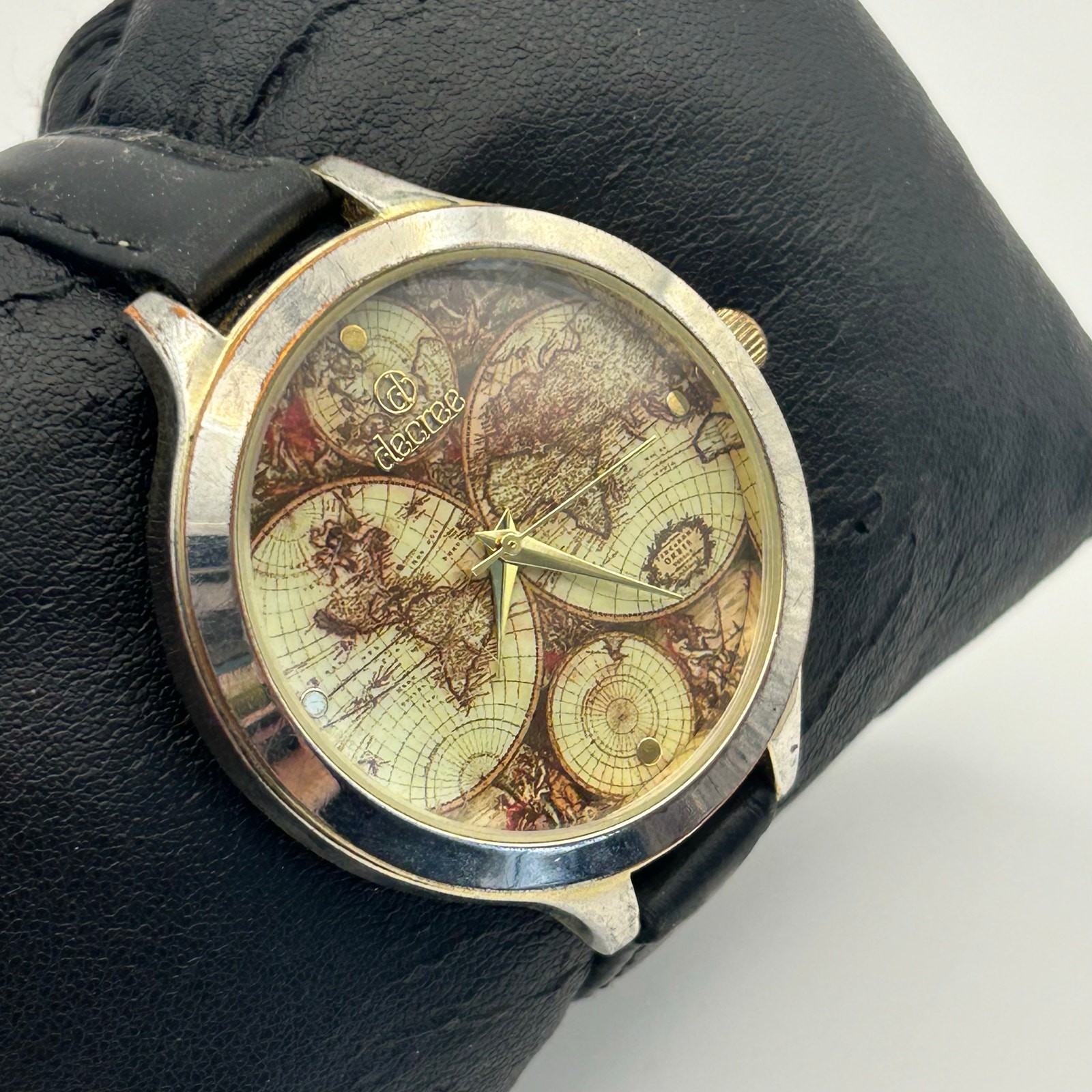 Decree World Map Dial Silver Black Leather Watch Working New Battery
