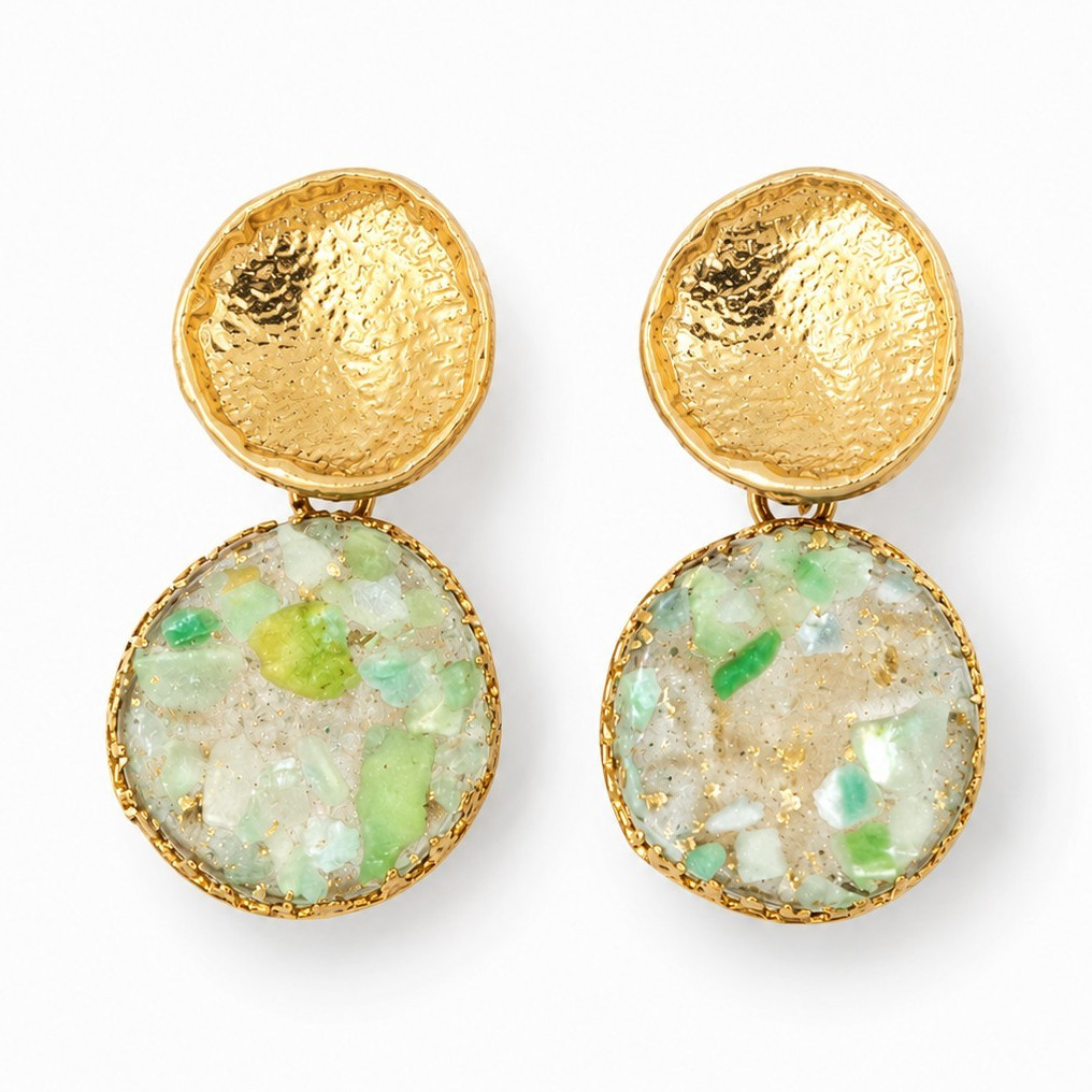 925 Sterling Silver Stamped Mosaic Stone Dangle Stud Earrings Gold Tone Round