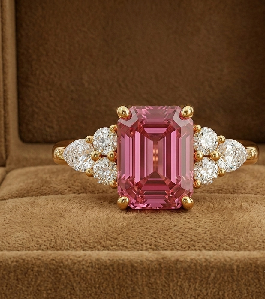 Natural Pink Sapphire & Diamond Wedding Gift Ring 14k Yellow Gold (Import Free)