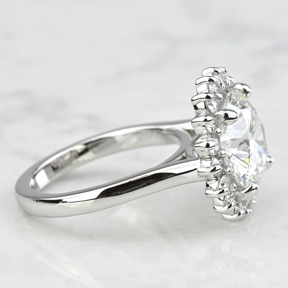 11.00 mm Round Cut Moissanite Halo Set Engagement Ring In 14K White Gold Plated