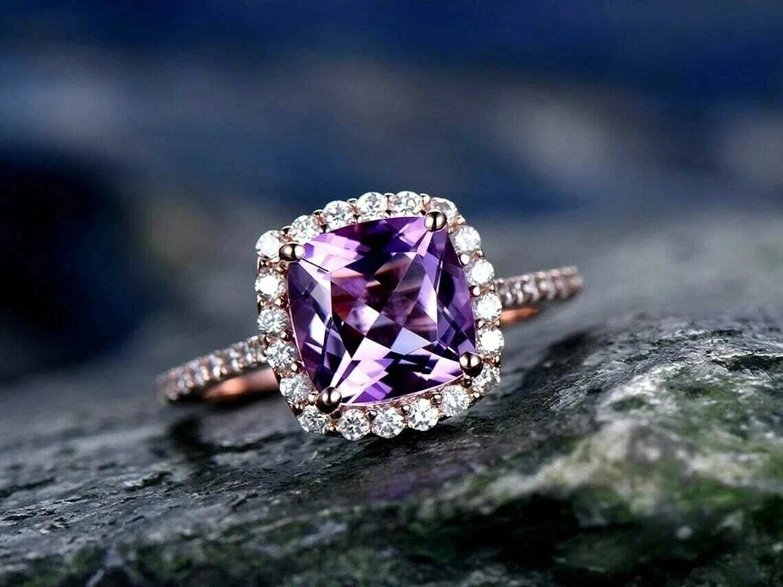 2Ct Cushion Cut Natural Amethyst Diamond Halo Wedding Ring 14K Rose Gold 6 7 8 9