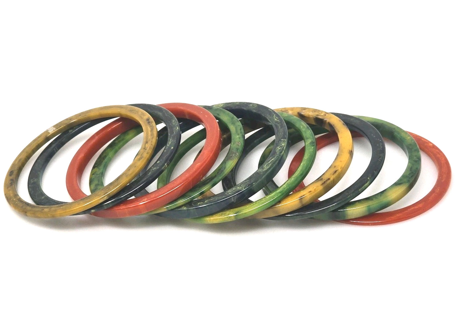 SET of 9 BAKELITE Bracelets MARBLED Multicolor Bangles Green Red Yellow RARE