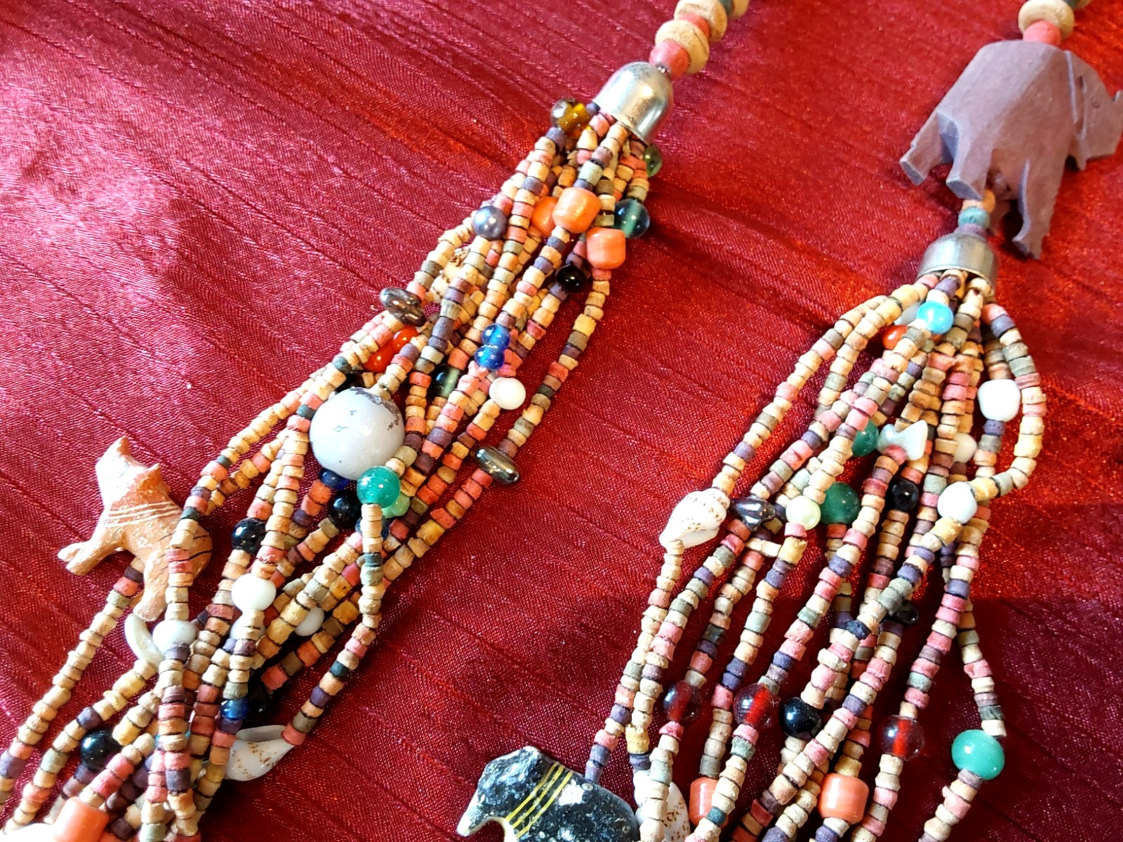 Vintage 70’s/80’s African Safari Wooden Beaded Multi Strand Necklace 33” Animals
