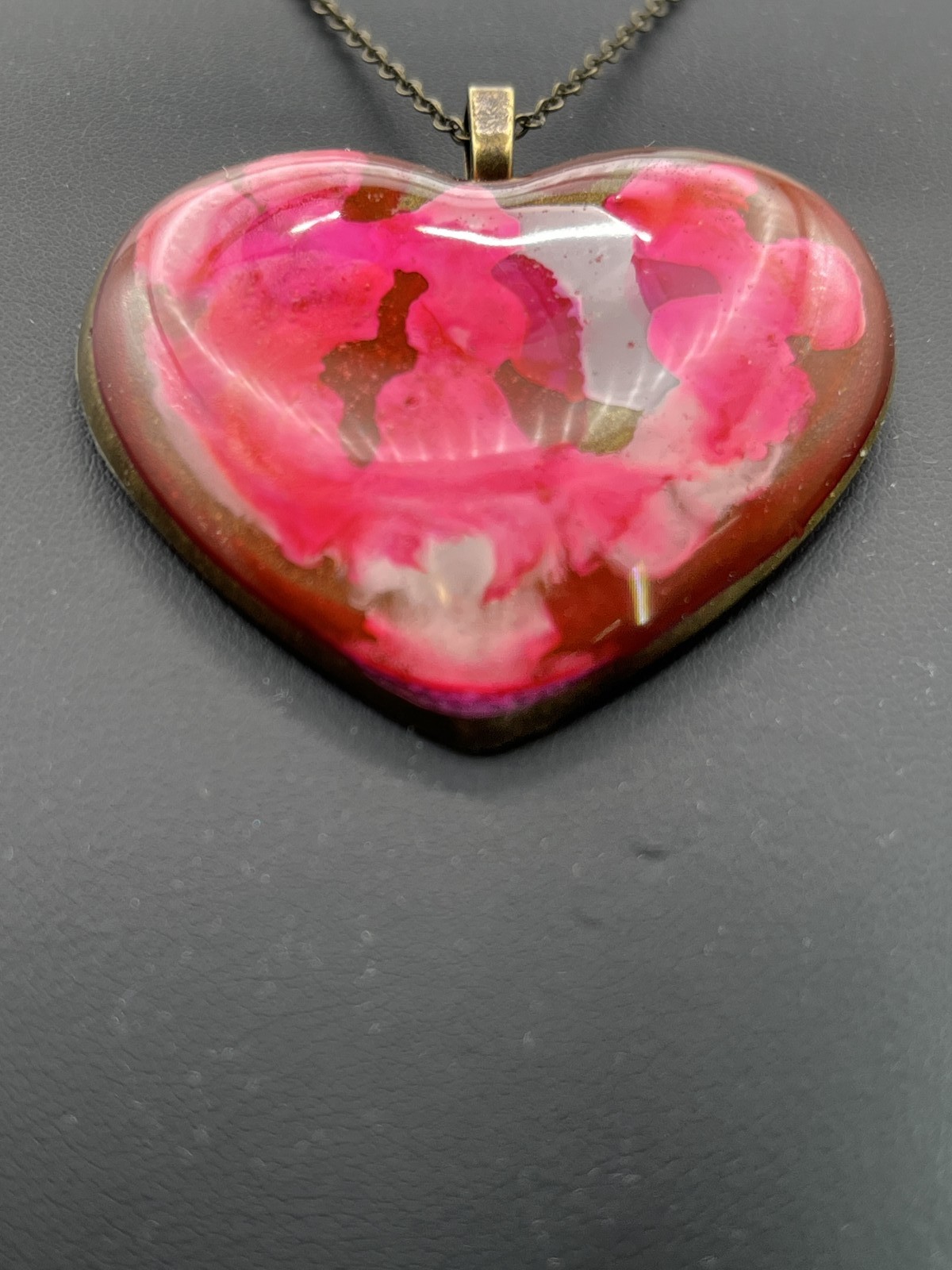 Heart pendant, abstract, art w/ pink & white & gold w/ custom bronze chain cos