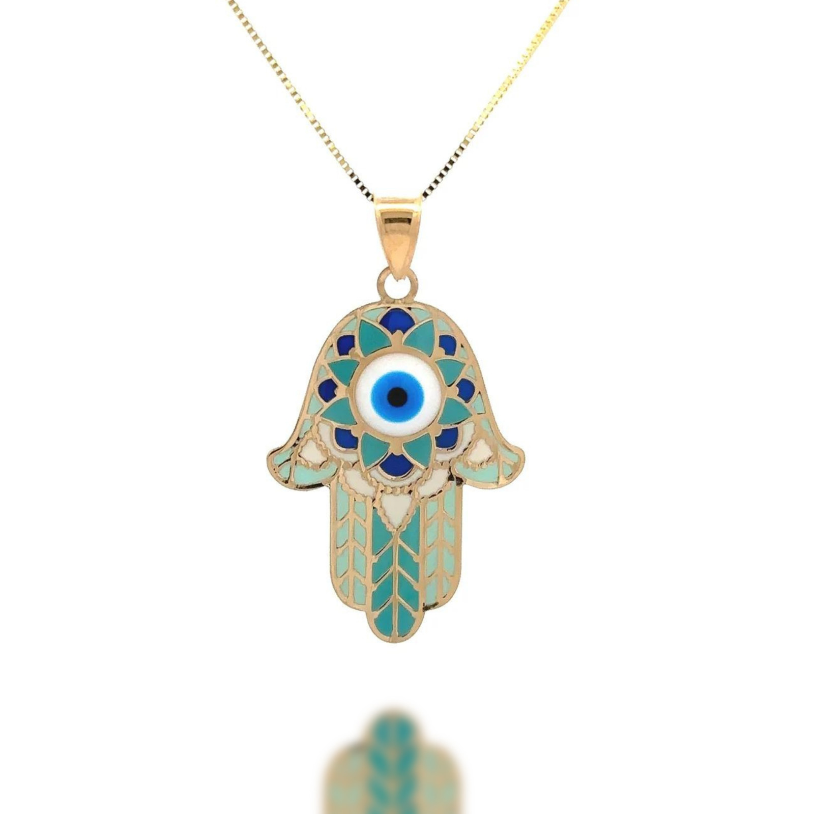 14K Solid Gold Pendant Necklace Chain Hand-Painted Evil Eye Inside Hamsa Hand