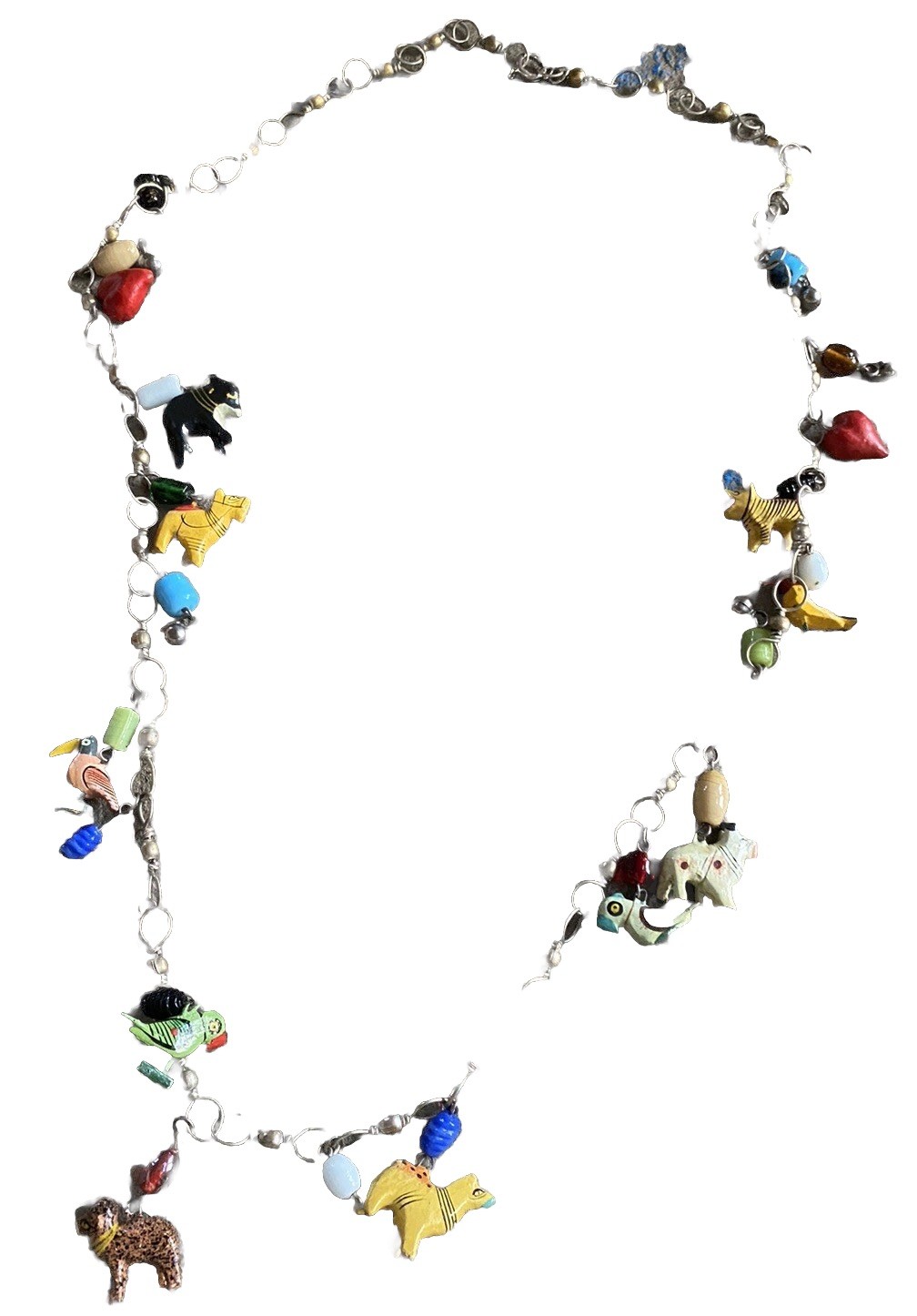 Vintage Tropicana Necklace Silver Wooden Animals Birds Chain Parrot Hearts 1960s