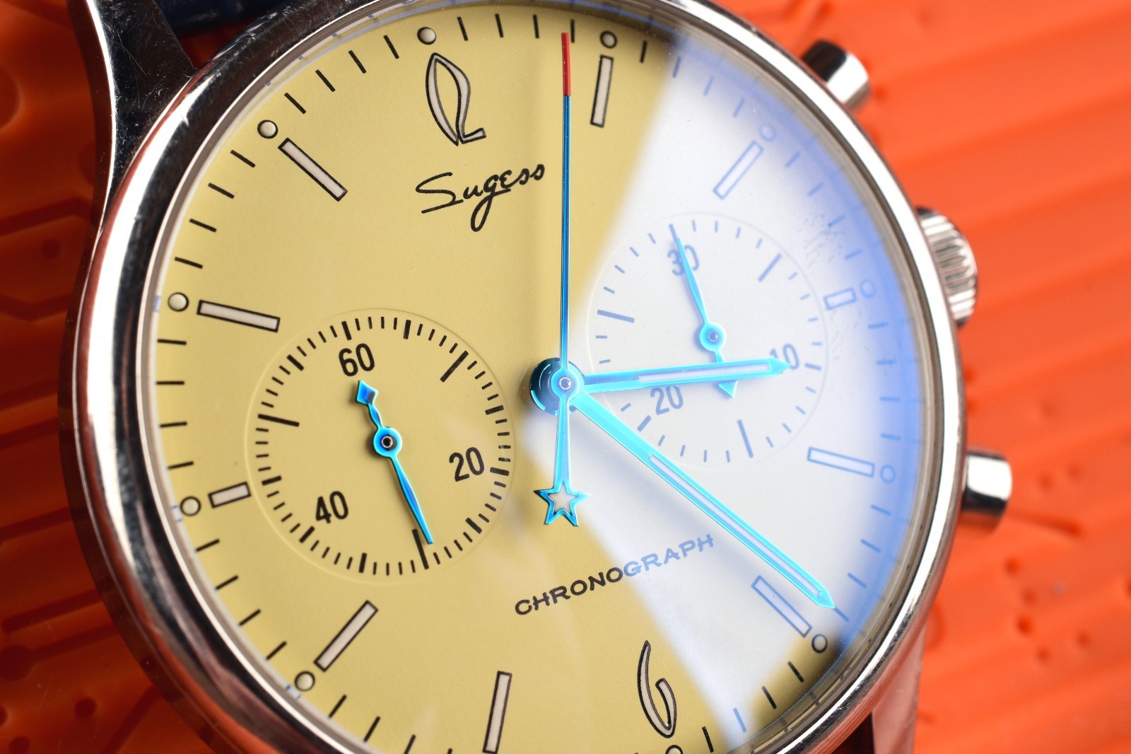 *Sugess Chronograph Mechanical II ST1901 Stainless Steel, Navy Leather Bracelet