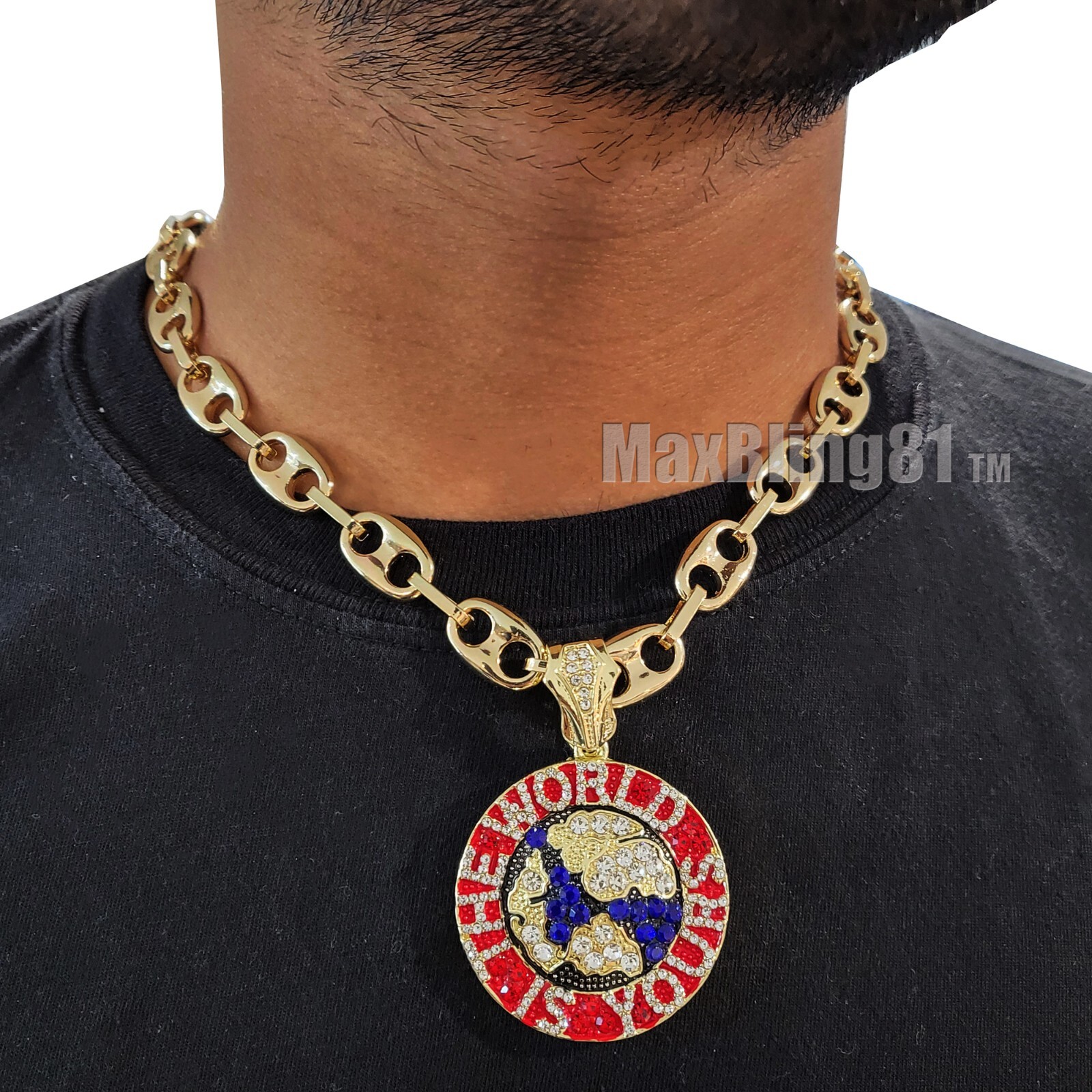 Iced Gold plated Alloy Cubic Zirconia THE WORLD IS YOURS & Marina Chain Necklace