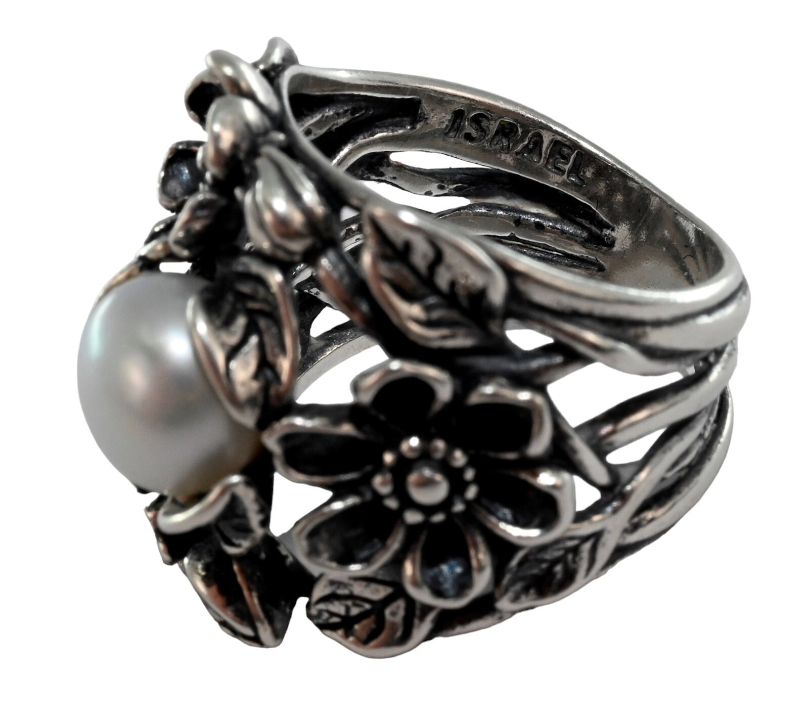 Paz Creations PZ Israel Solid 925 Sterling Silver Floral Pearl Ring! Size: 5.5!