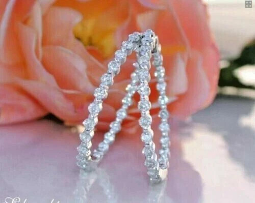3.00 Ct Lab Created Diamond Inside Outside Hoop Earrings 14K White Gold Plated