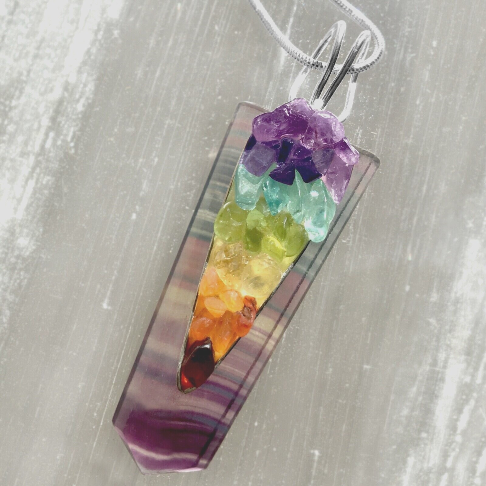 Rainbow FLUORITE Crystal 7 Chakra Pendant CHARGED Sterling Silver Necklace Reiki