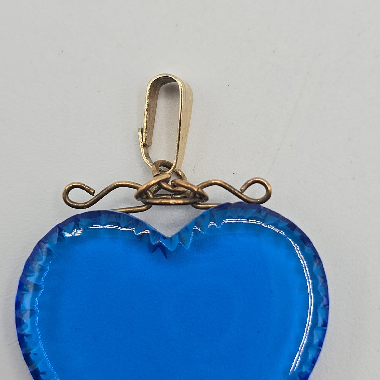 VTG Pressed Glass Heart Pendant 2 Pc Lot, Blue & Clear, Gold Tone Wire Wrapped