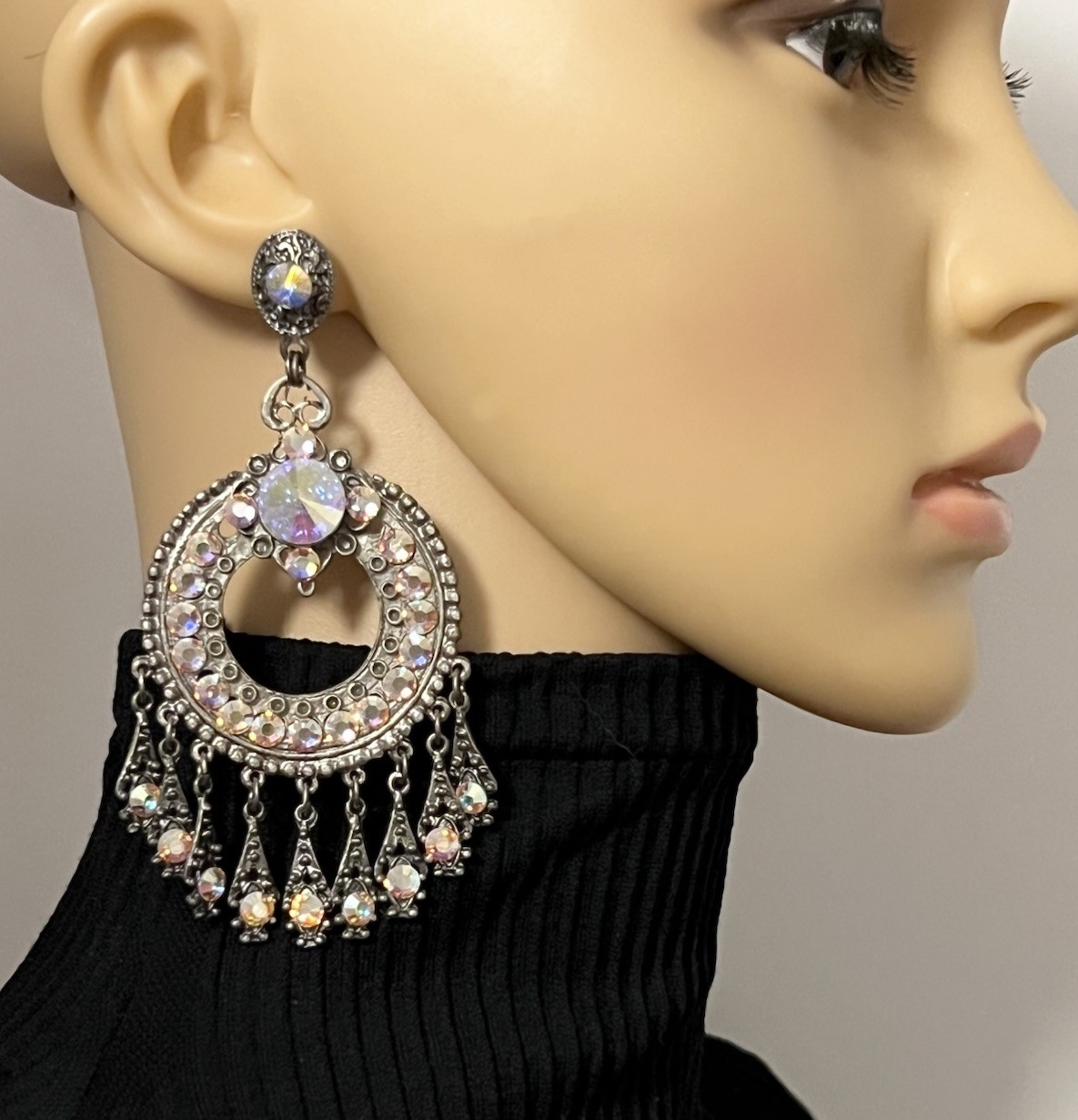 Elo7 Antique Silver Iridescent Rhinestone Tassel Dangling Chandelier Earrings