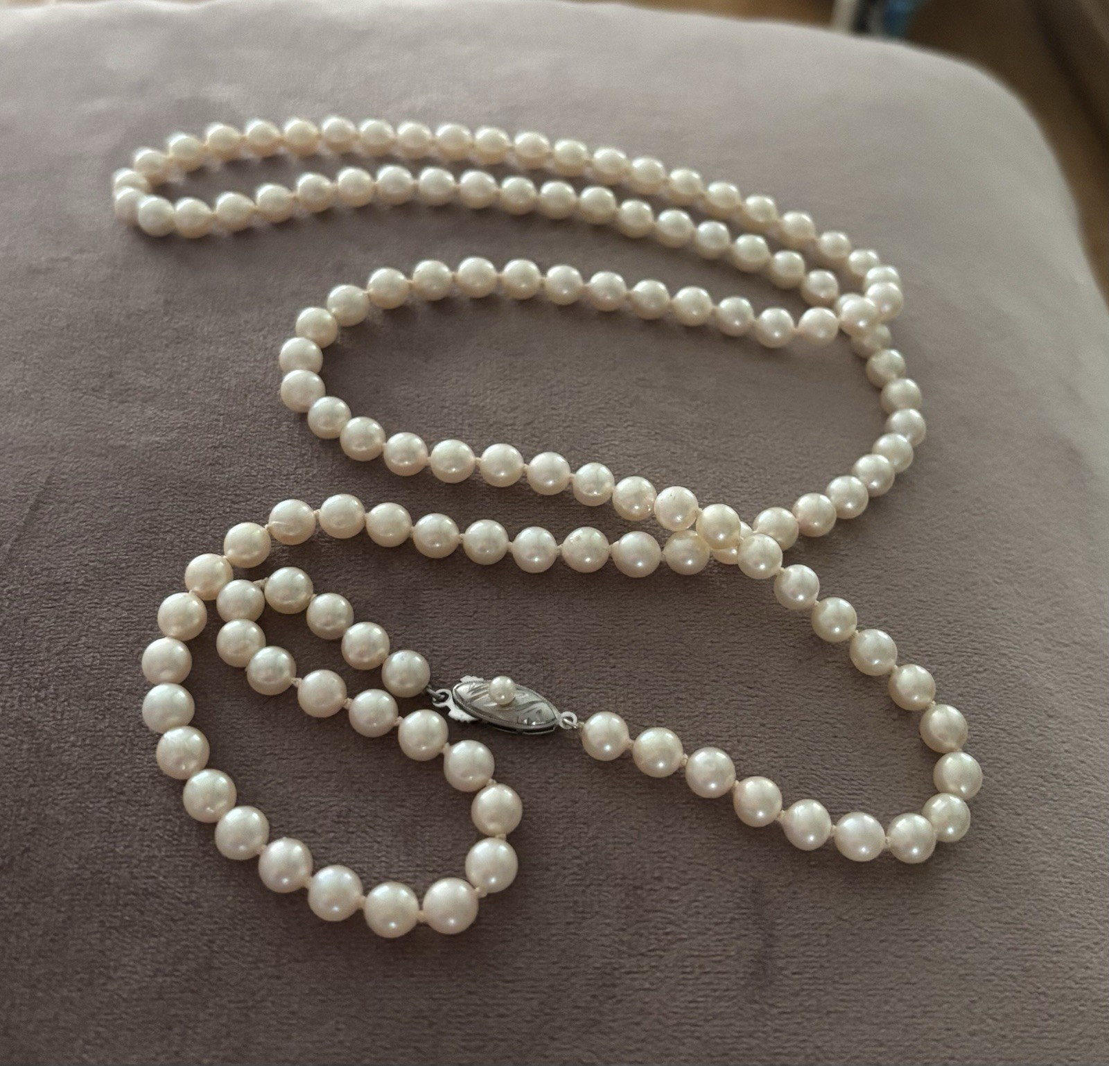 Vintage Akoya Pearl Necklace Silver Clasp 6mm 35” Opera Length Creamy Hue