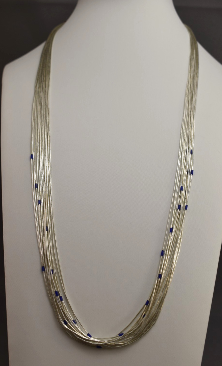 15 Strand Fine Sterling Liquid Silver Navajo Necklace w/ Lapis 24″ Long New