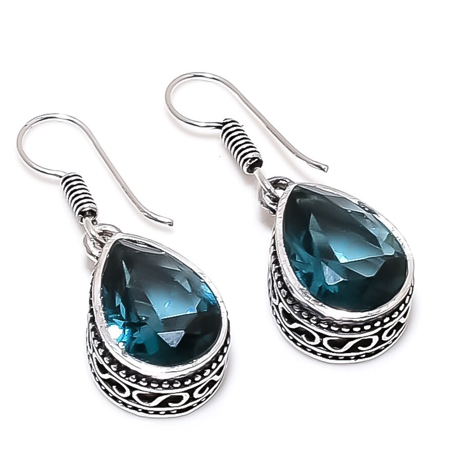 London Blue Topaz Gemstone Handmade 925 Sterling Silver Jewelry Earring Sz 1.20″