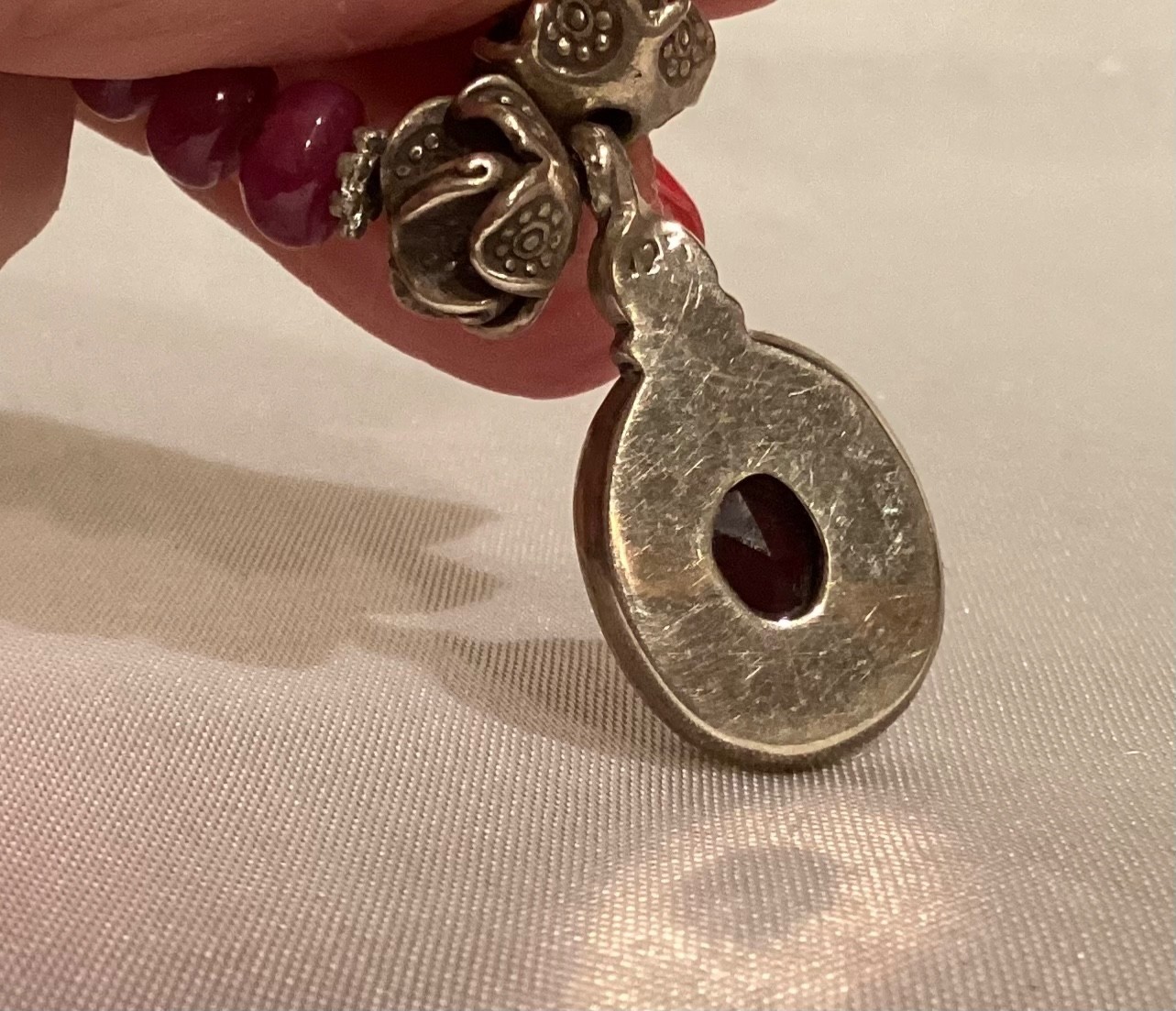 Raw Natural Ruby Roundell Beaded & .925 Sterling Silver Pendant Necklace OOAK