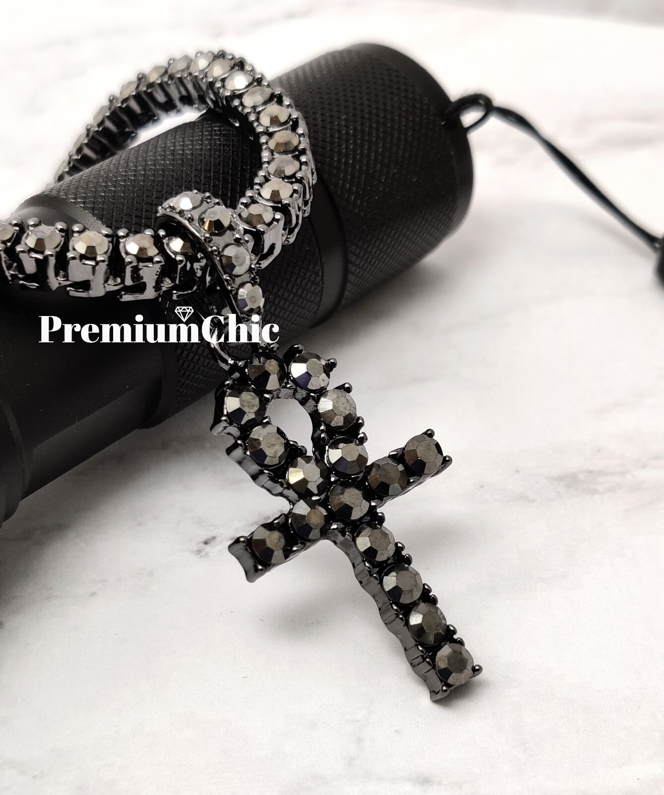Iced ANKH Cross Pendant & Tennis Chain Mens Gold Plated CZ Hip Hop Necklace
