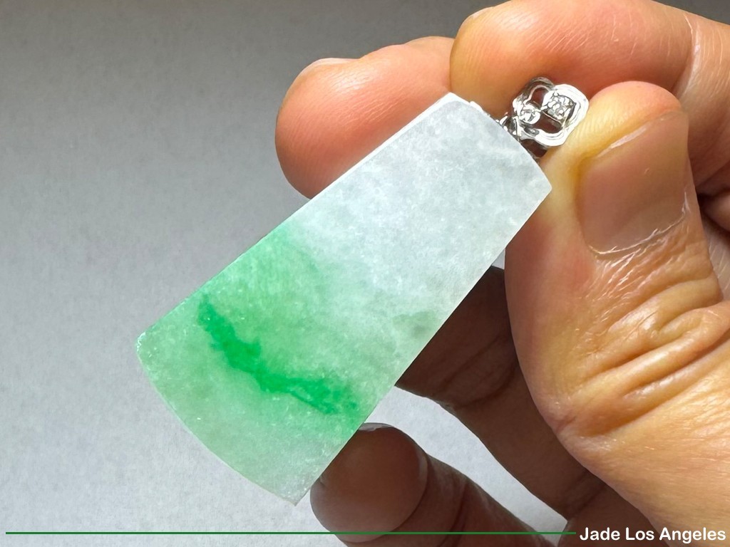 Plain Safe 平方平安 Apple Green Jadeite Jade 18K white Gold Diamond Pendant 45.23ct