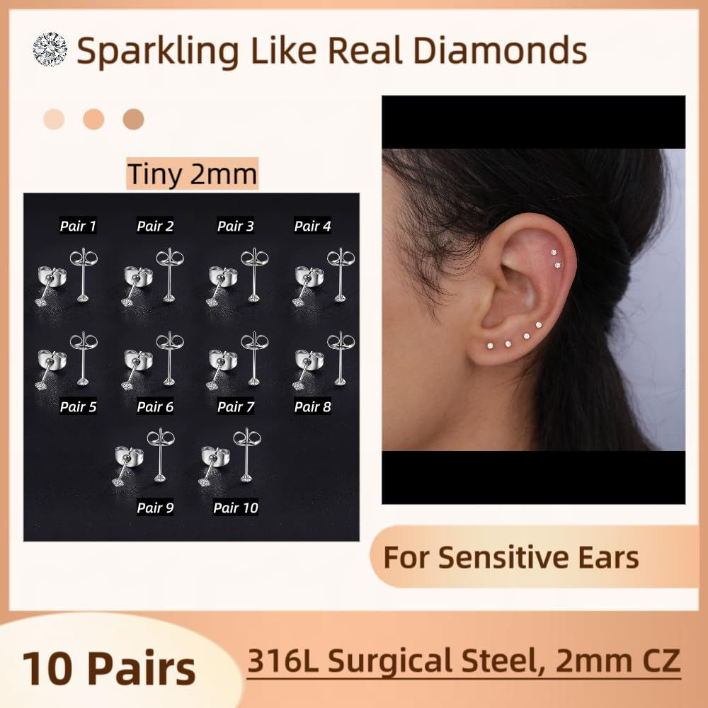 2mm Small Stud Earrings for Women Clear Cubic Zirconia 2mm, 2mm-10 Pairs