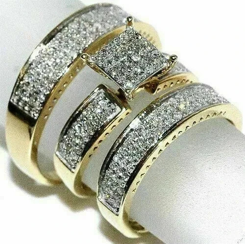2Ctw Round Cut Moissanite His & Her Trio Wedding 14K Yellow Gold Plated Ring Set
