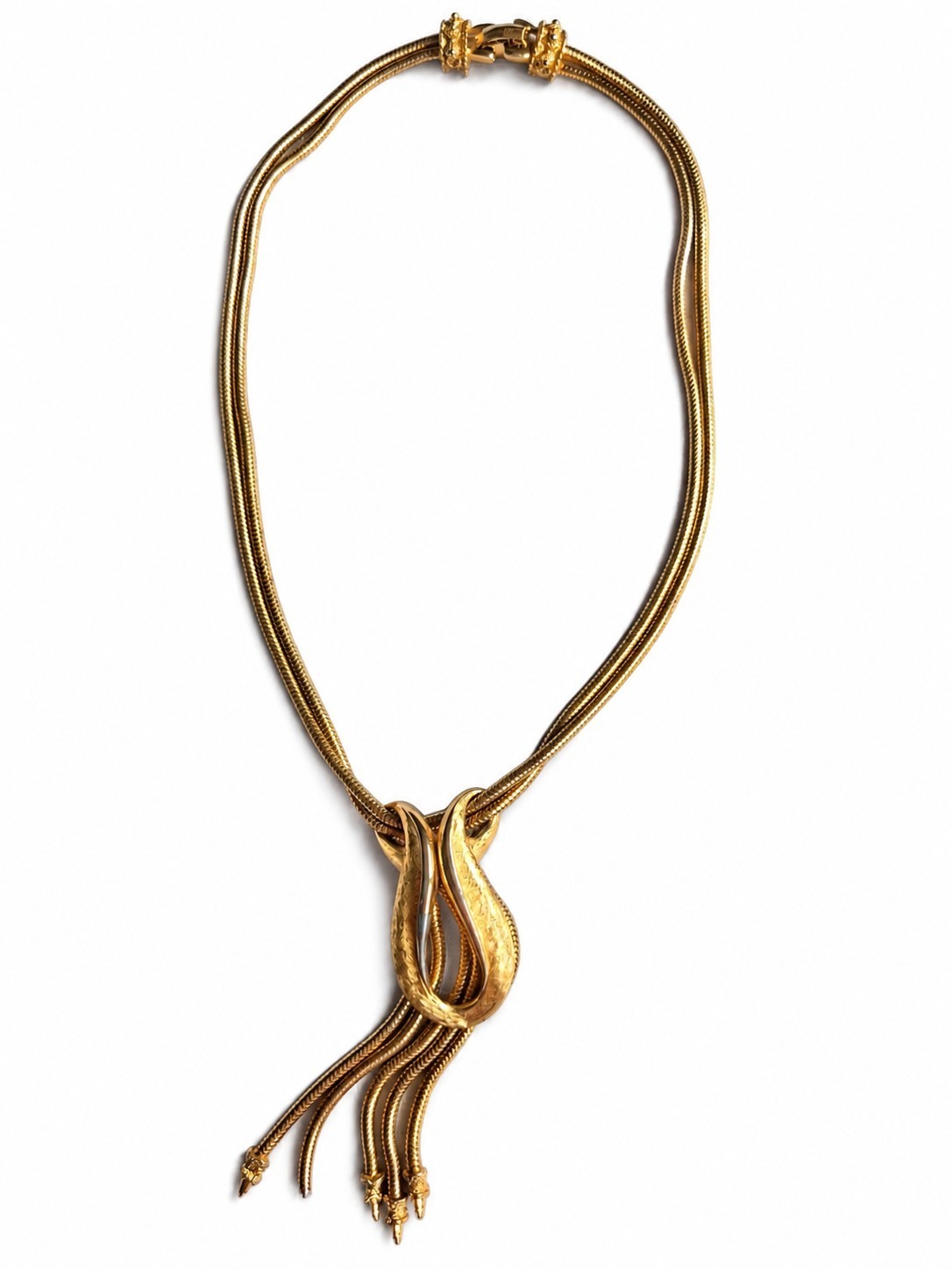 Vintage Signed Coro 1960s Textured Gold-Tone Snake Chain Tassel Lariat Necklace