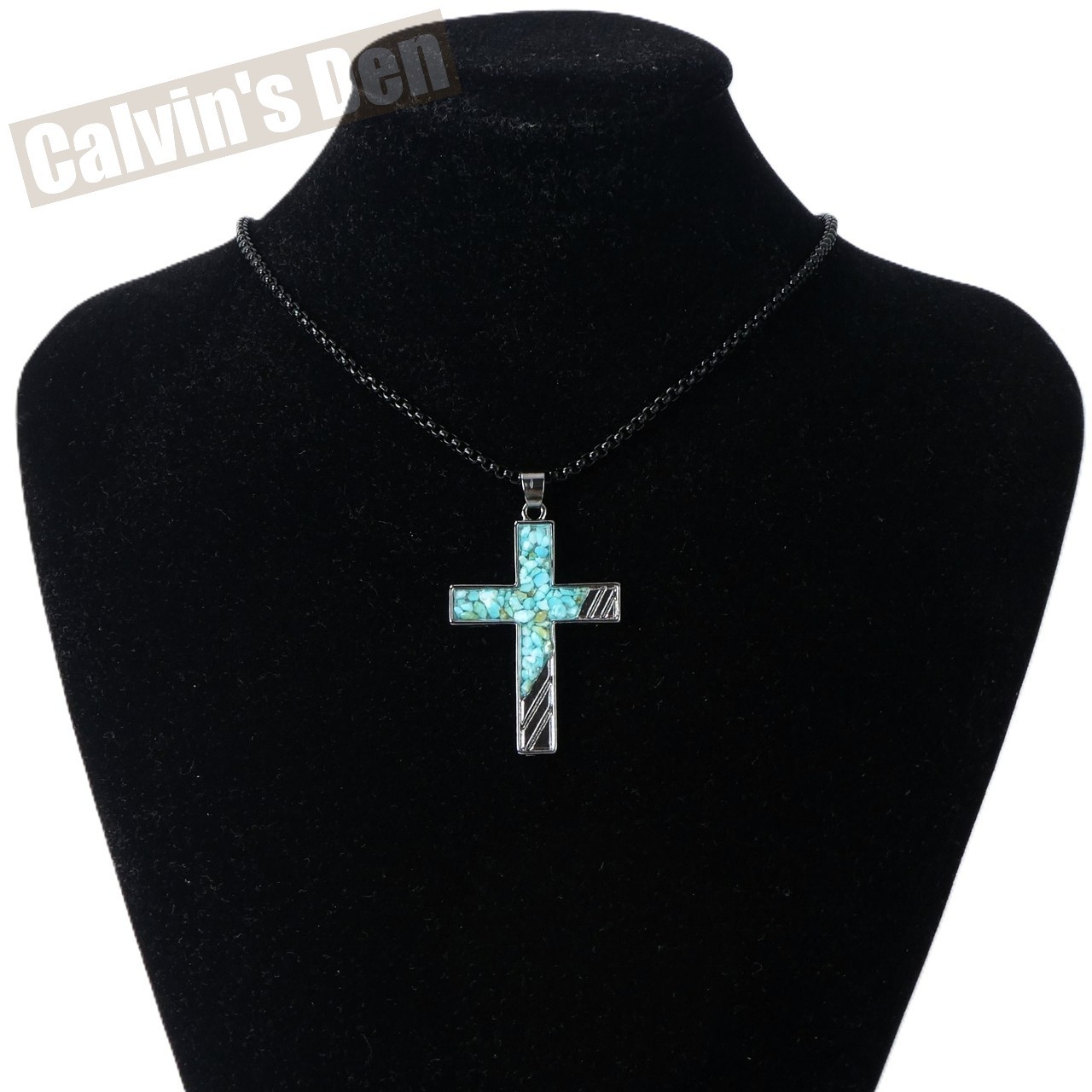 Turquoise Chip Inlay Cross Pendant Necklace Stripe Design Man Gift Modern